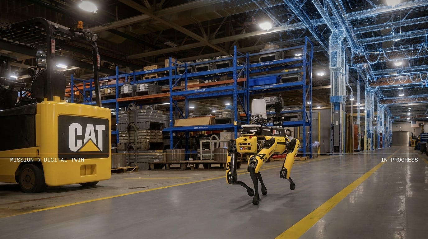 FieldAI robot on a Caterpillar warehouse floor